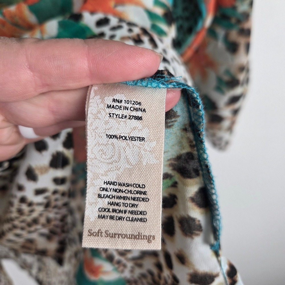 Soft Surroundings Geovana Teal Floral Animal Print Sheer Roll Tab Sleeve Tunic M - Picture 5 of 9